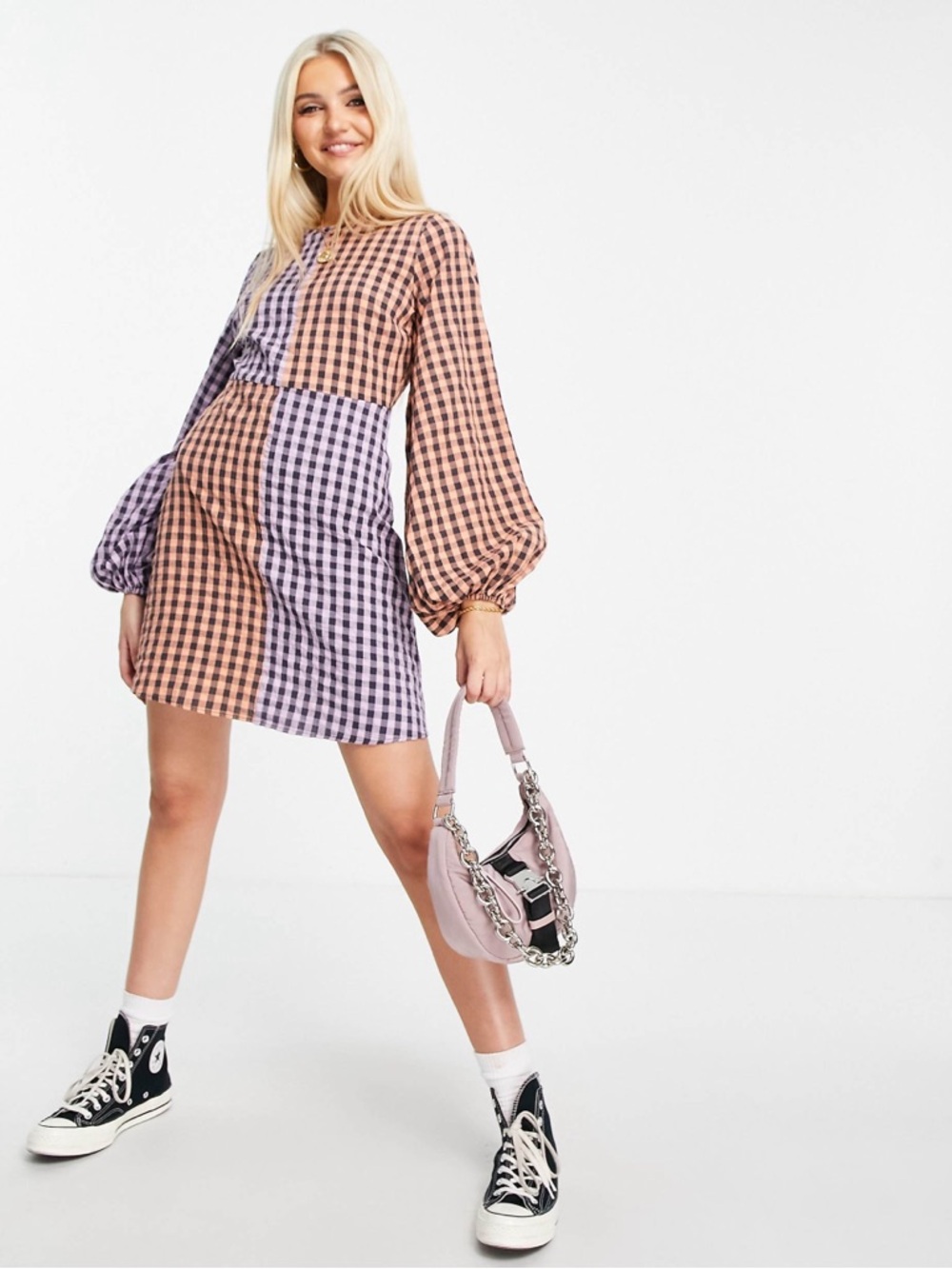 ASOS DESIGN Mixed Gingham Mini Dress Puff Sleeve Cottagecore Size 0 NWT - Picture 2 of 8